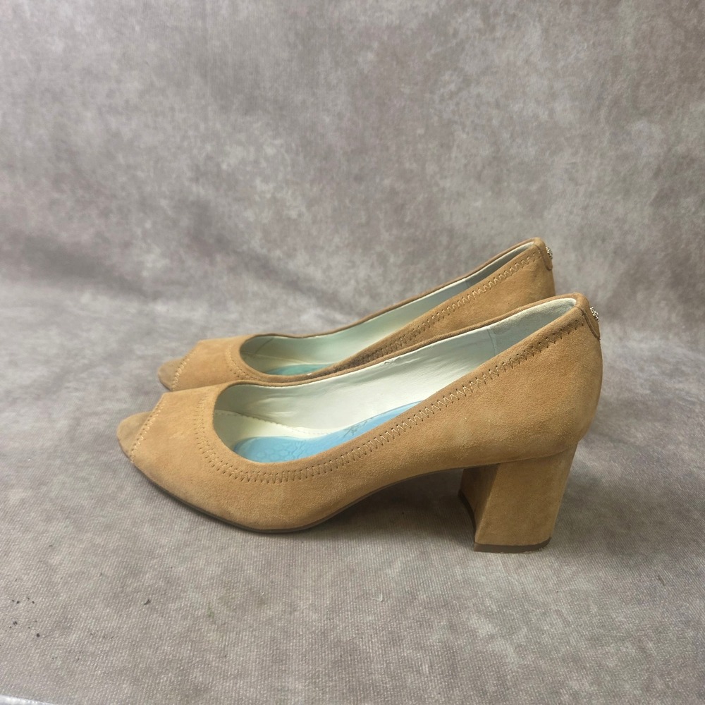 Anne Klein Tan Suede Peep Toe Pumps Block Heel Orthotic Supportive Shoes Women 9